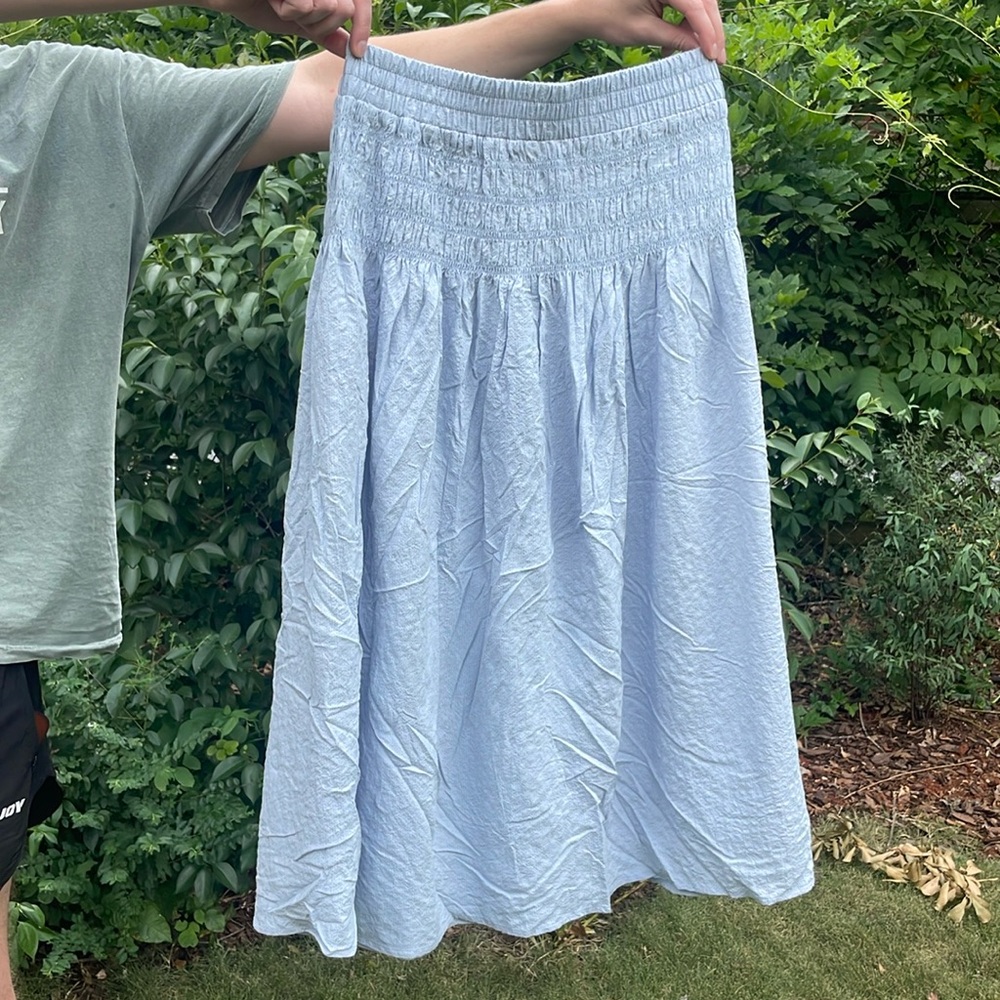 Blue seersucker midi skirt